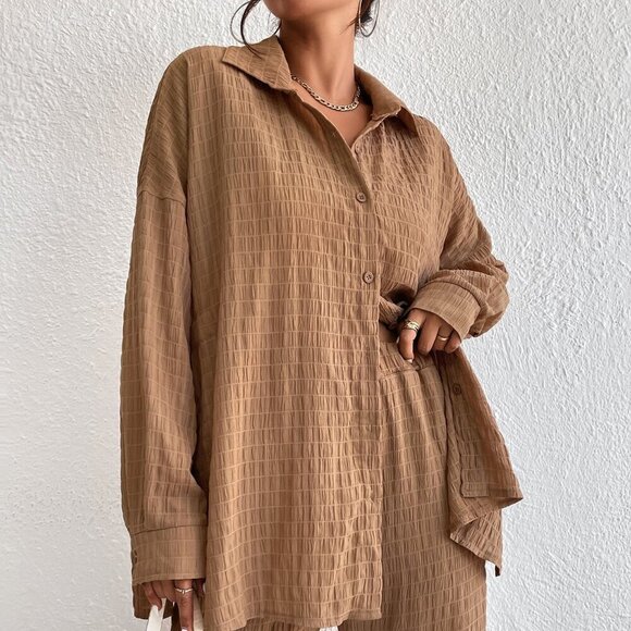 Brown Casual Women's Solid Drop Shoulder Shirt & Wide Leg Pants - Picture 5 of 6